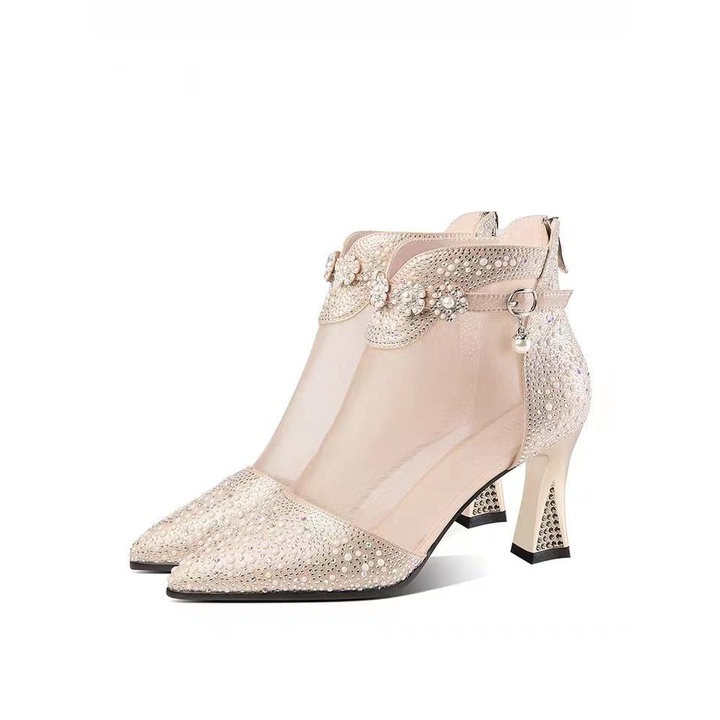 Giày Bốt Cao Gót Mũi Nhọn Phối Lưới Đính Đá Thời Trang Mùa Xuân