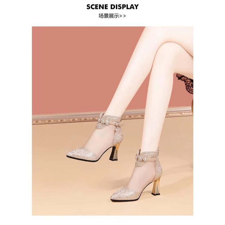 Giày Bốt Cao Gót Mũi Nhọn Phối Lưới Đính Đá Thời Trang Mùa Xuân