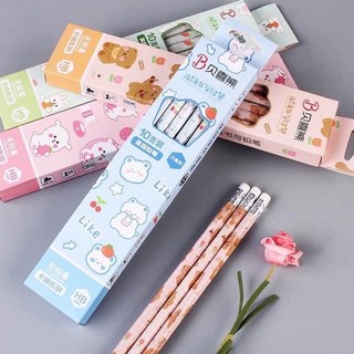 Hộp 10 bút chì HB kèm đầu tẩy hình stick dễ thương 10 cái bút chì