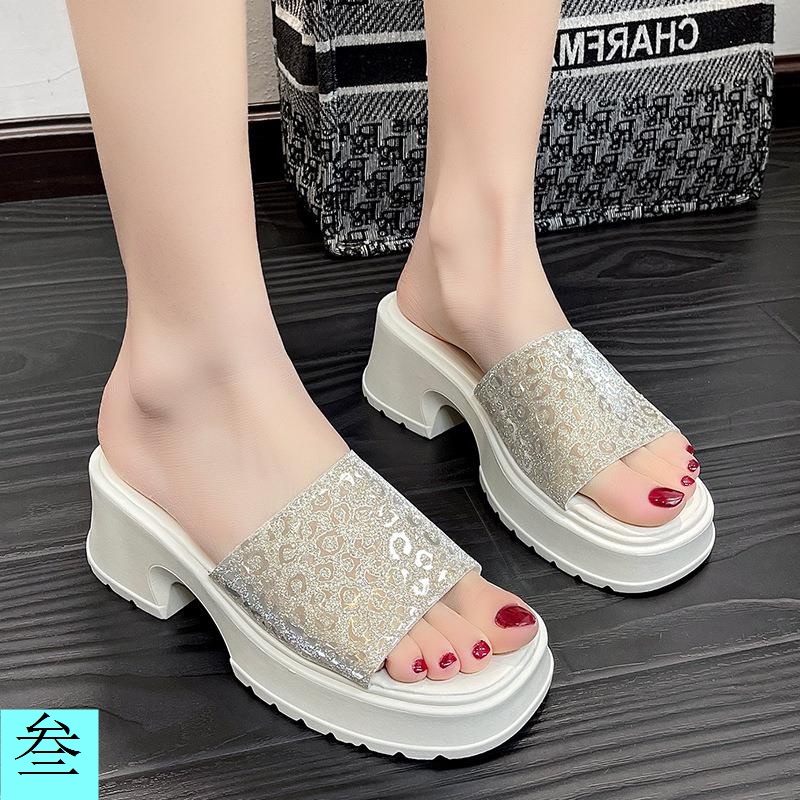 Dép Xỏ Ngón Cao Gót Đế Dày Đính Kim Sa Thời Trang Mùa Hè 2023 Mới Cho Nữ