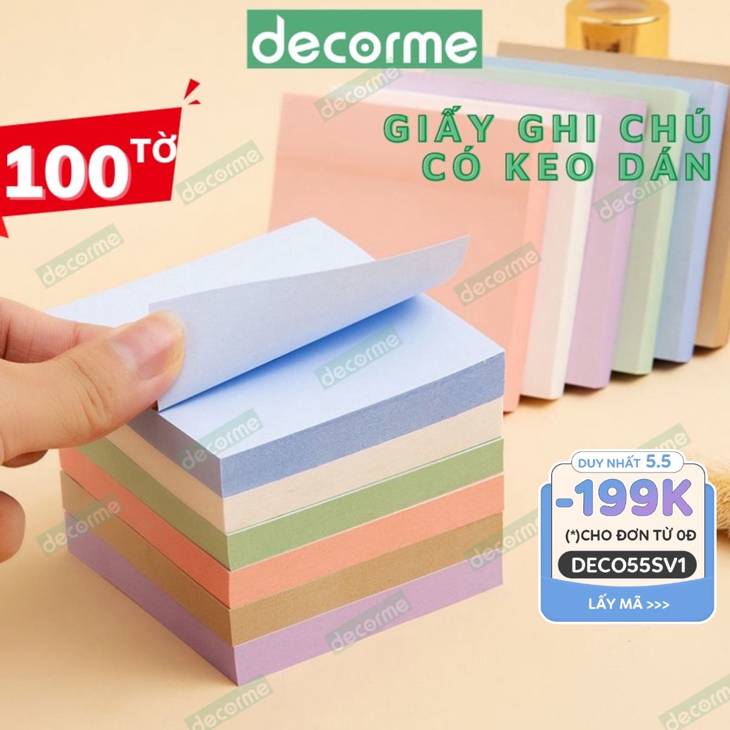 Set 100 tờ giấy ghi chú DecorMe giấy note nhiều màu sắc size 76*76mm có keo dán phụ kiện văn phòng phẩm tiện lợi SMN