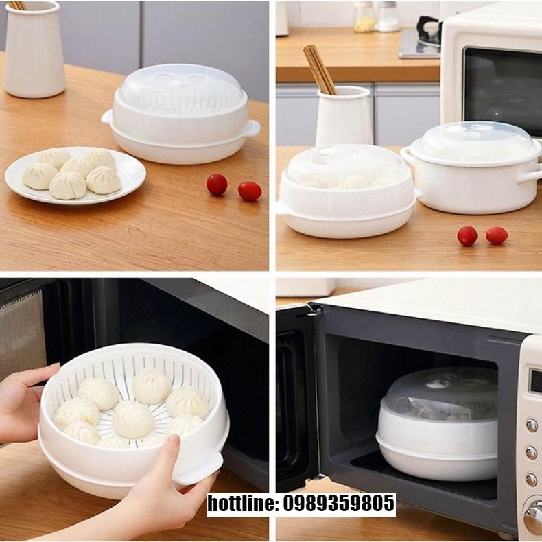 Bộ khay hấp lò vi sóng 2 tầng chịu nhiệt tốt - Hấp cách thủy