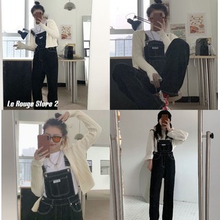 (ORDER) Quần yếm jean đen dài ống rộng suông dài lưng cao hách dáng chiều cao thời trang ulzzang Hàn Quốc