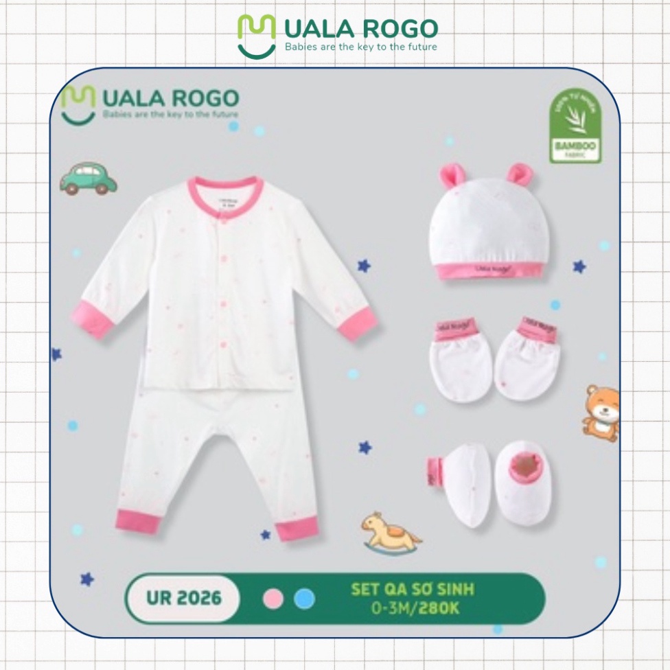 Quần áo sơ sinh Ualarogo TẶNG set mũ bao tay chân 0-3 tháng vải sợi tre Bamboo fabric mềm mịn 2026