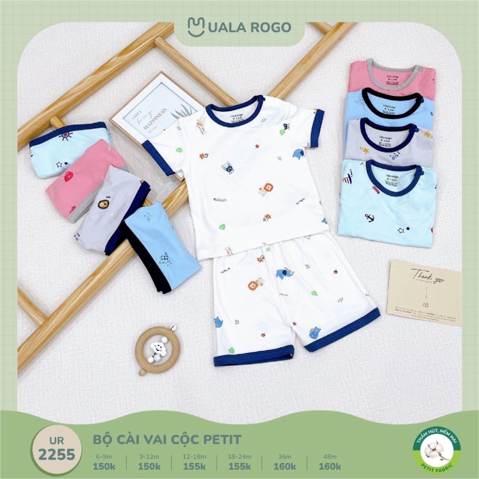 Bộ quần áo cộc tay cho bé Ualarogo 6 tháng - 4 tuổi cài vai vải Petit thoáng mát co giãn thấm hút mềm mại 2255