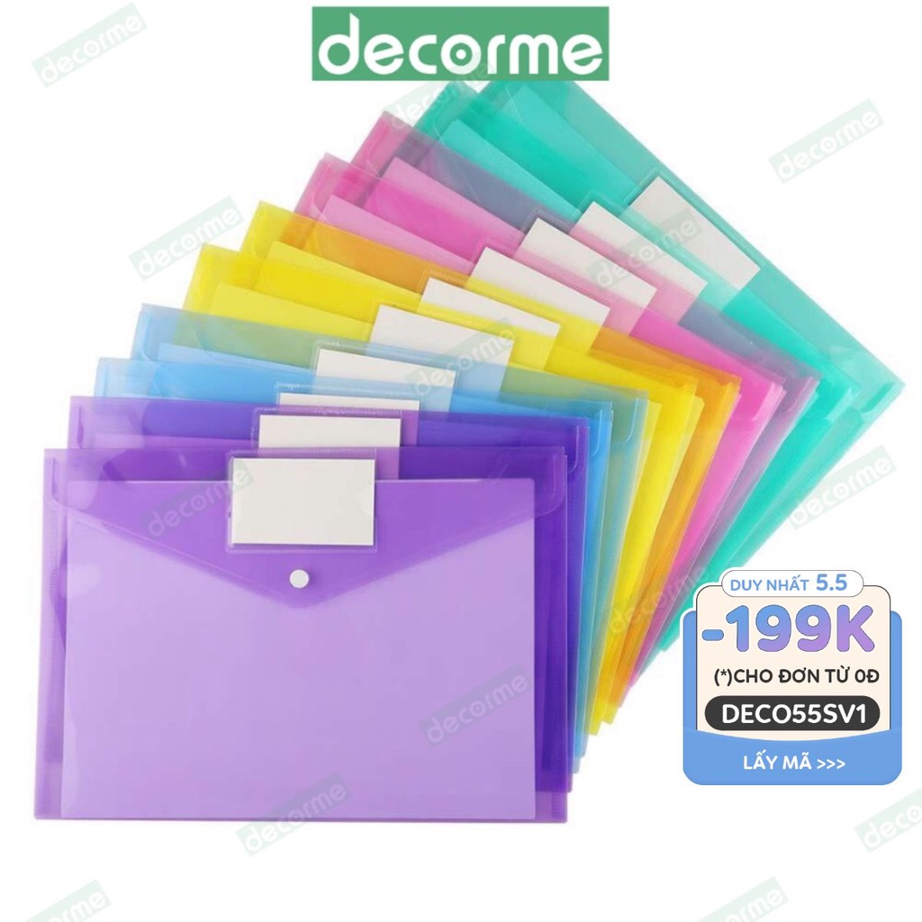 Túi đựng tài liệu A4 Basic nhiều màu 1 ngăn kèm Name tag có cúc bấm chống thấm nước tiện dụng Decorme