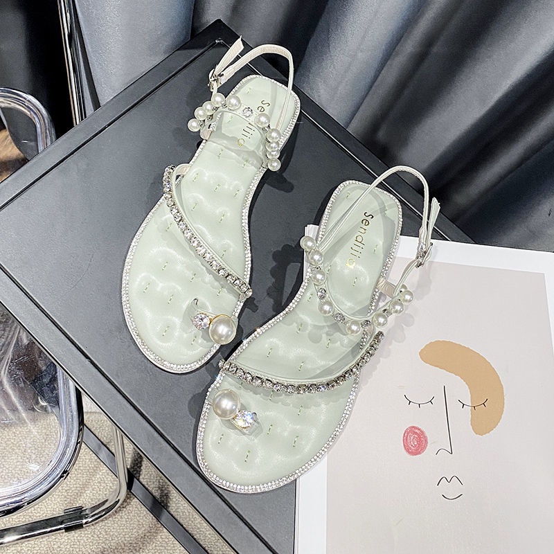 Dép Sandal Hở Ngón Đế Bằng Đính Đá Ngọc Trai Thời Trang Mùa Hè Hàn Quốc 2022 Cho Nữ