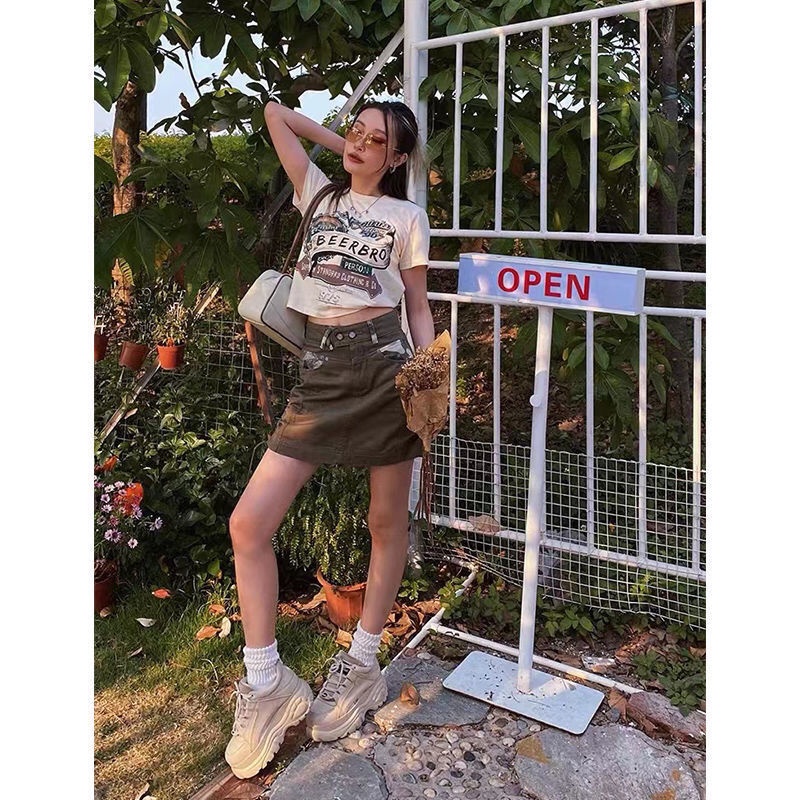 Chân váy denim JSC lưng cao buộc dây ôm dáng phong cách cổ điển Mỹ thời trang mùa hè dành cho nữ