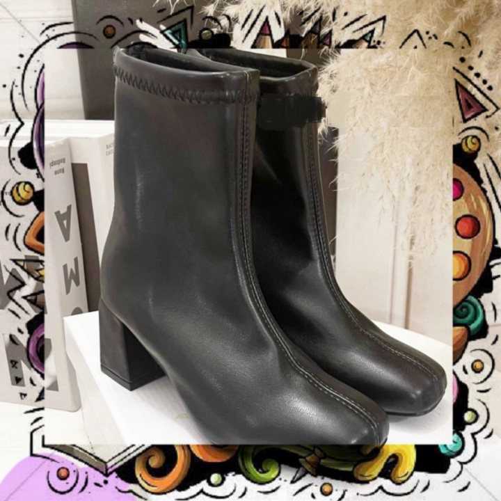 Giày bốt nữ cao cổ LINE BOOT thời trang kéo khóa cao gót mũi vuông da mềm cao cấp đơn giản đi