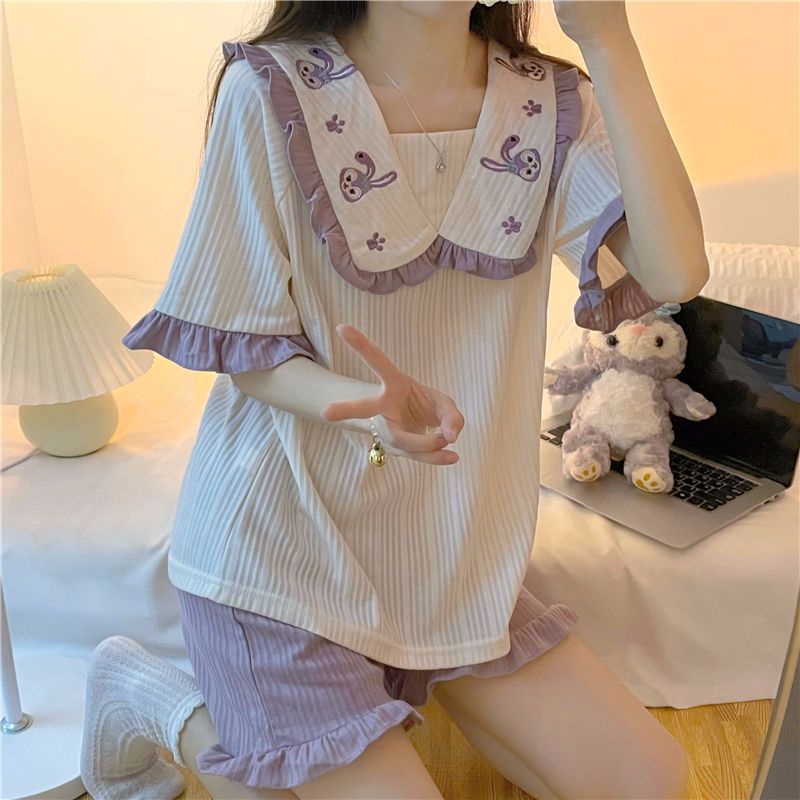 Bộ Đồ Ngủ Tay Ngắn Cổ Búp Bê Phong Cách Nhật Bản Thời Trang Mùa Hè Xinh Xắn Cho Nữ