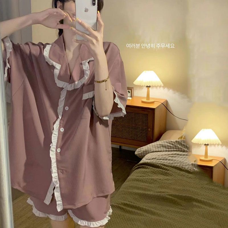 Bộ Đồ Ngủ Áo Cardigan Ngắn Tay Phối Quần Short Phong Cách Nhật Bản Đơn Giản Thời Trang Mùa Hè Cho Nữ