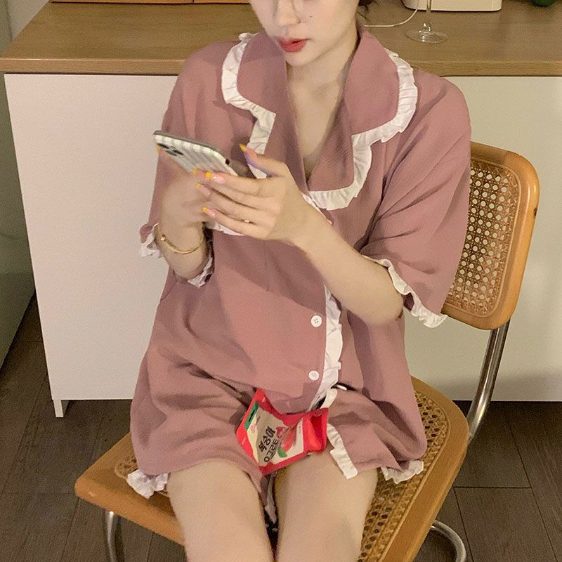 Bộ Đồ Ngủ Áo Cardigan Ngắn Tay Phối Quần Short Phong Cách Nhật Bản Đơn Giản Thời Trang Mùa Hè Cho Nữ