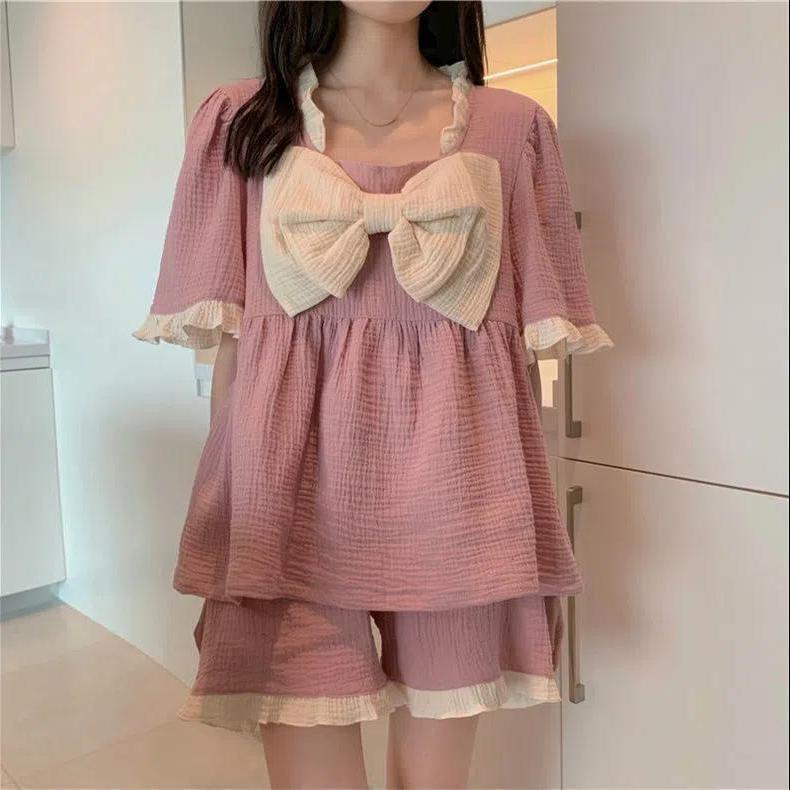 Bộ Đồ Ngủ Ngắn Tay Đính Nơ Dễ Thương Phong Cách Nhật Bản Cho Nữ