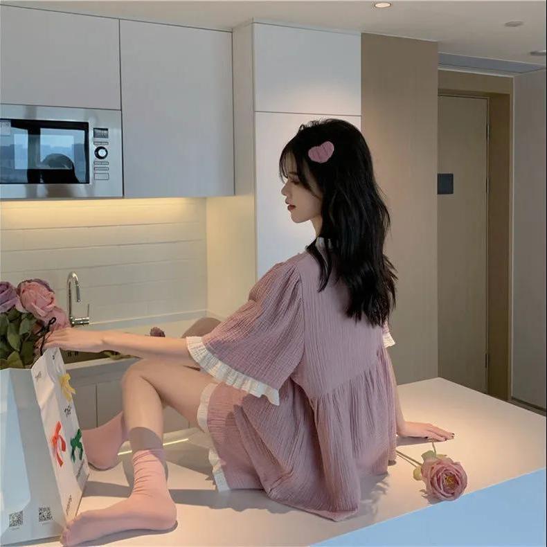 Bộ Đồ Ngủ Ngắn Tay Đính Nơ Dễ Thương Phong Cách Nhật Bản Cho Nữ