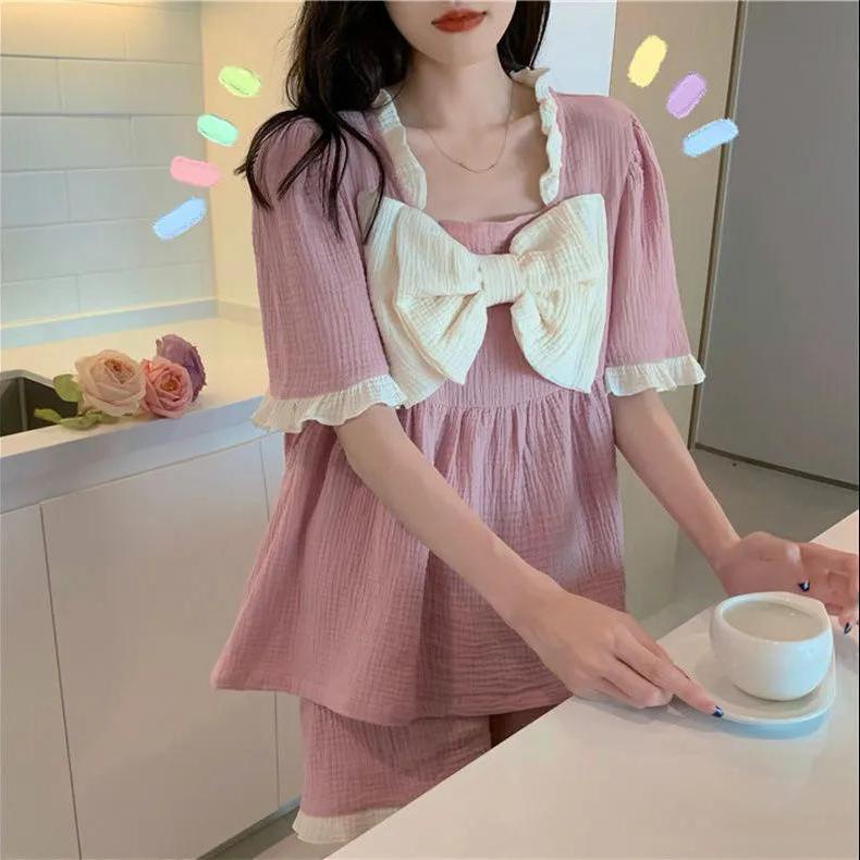 Bộ Đồ Ngủ Ngắn Tay Đính Nơ Dễ Thương Phong Cách Nhật Bản Cho Nữ