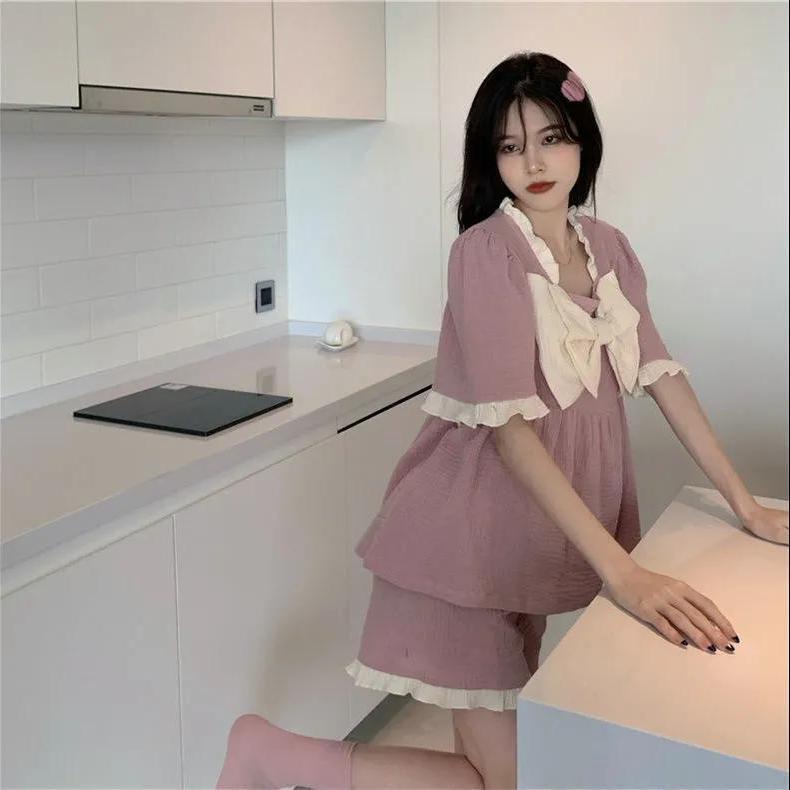 Bộ Đồ Ngủ Ngắn Tay Đính Nơ Dễ Thương Phong Cách Nhật Bản Cho Nữ