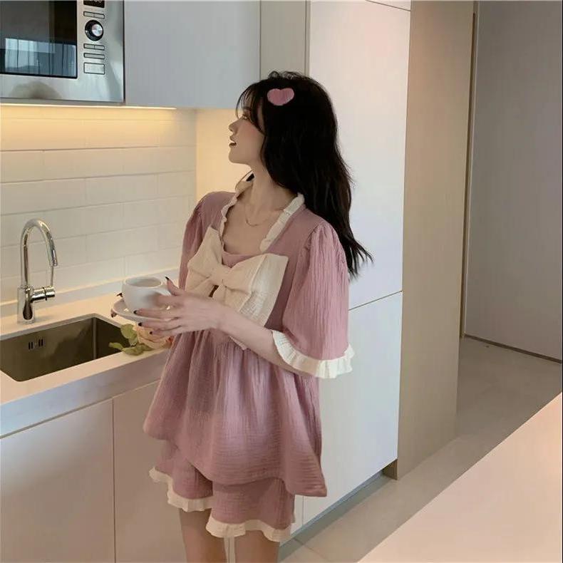 Bộ Đồ Ngủ Ngắn Tay Đính Nơ Dễ Thương Phong Cách Nhật Bản Cho Nữ