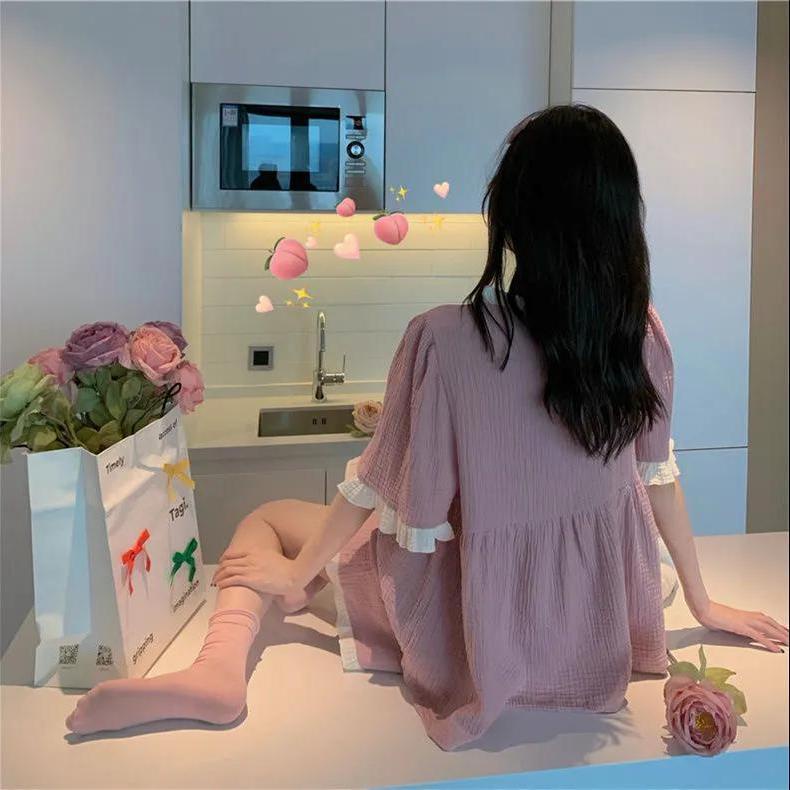 Bộ Đồ Ngủ Ngắn Tay Đính Nơ Dễ Thương Phong Cách Nhật Bản Cho Nữ