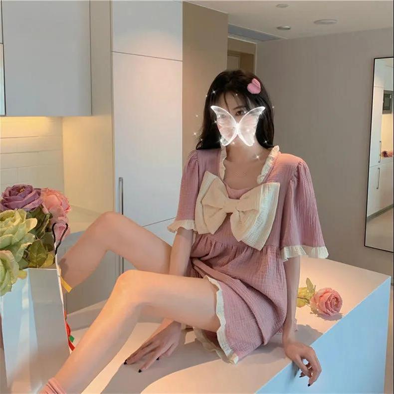 Bộ Đồ Ngủ Ngắn Tay Đính Nơ Dễ Thương Phong Cách Nhật Bản Cho Nữ