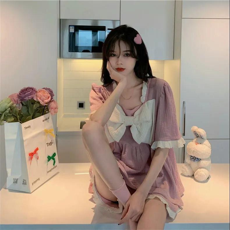 Bộ Đồ Ngủ Ngắn Tay Đính Nơ Dễ Thương Phong Cách Nhật Bản Cho Nữ
