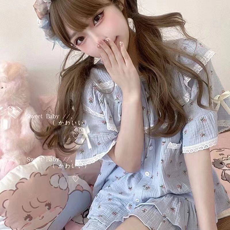 Bộ Đồ Ngủ Tay Ngắn In Hoa Phối Ren Dễ Thương Thời Trang Mùa Hè Cho Nữ