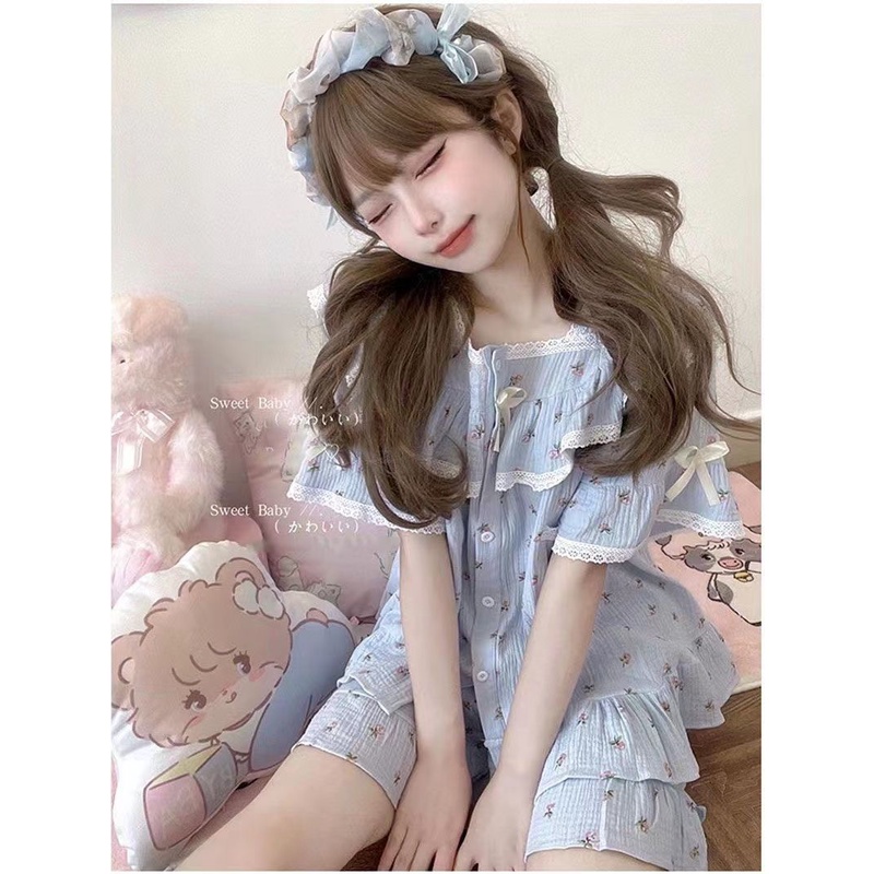 Bộ Đồ Ngủ Tay Ngắn In Hoa Phối Ren Dễ Thương Thời Trang Mùa Hè Cho Nữ