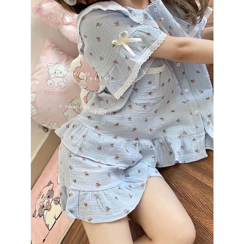 Bộ Đồ Ngủ Tay Ngắn In Hoa Phối Ren Dễ Thương Thời Trang Mùa Hè Cho Nữ