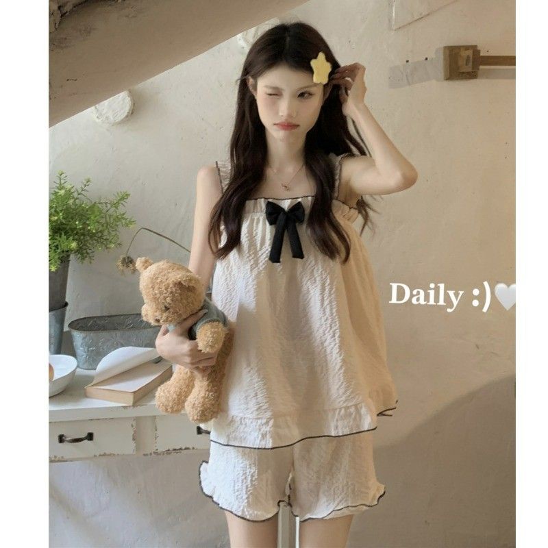 Bộ Đồ Ngủ Hai Dây Màu Trắng Đen Phong Cách Nhật Bản Dễ Thương Thời Trang Mùa Hè Cho Nữ