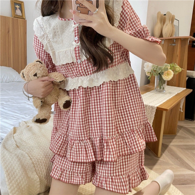 Bộ Đồ Ngủ Tay Ngắn Phối Ren Họa Tiết Kẻ Sọc Phong Cách Hàn Quốc Thời Trang Mùa Hè Xinh Xắn Cho Nữ