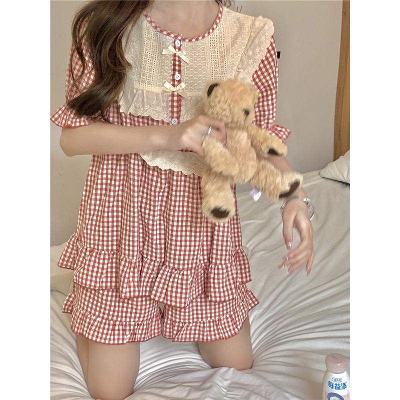 Bộ Đồ Ngủ Tay Ngắn Phối Ren Họa Tiết Kẻ Sọc Phong Cách Hàn Quốc Thời Trang Mùa Hè Xinh Xắn Cho Nữ