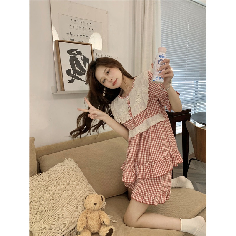 Bộ Đồ Ngủ Tay Ngắn Phối Ren Họa Tiết Kẻ Sọc Phong Cách Hàn Quốc Thời Trang Mùa Hè Xinh Xắn Cho Nữ