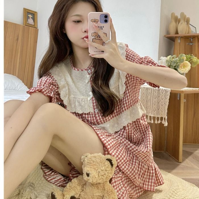 Bộ Đồ Ngủ Tay Ngắn Phối Ren Họa Tiết Kẻ Sọc Phong Cách Hàn Quốc Thời Trang Mùa Hè Xinh Xắn Cho Nữ