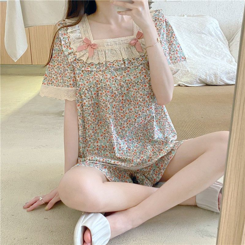 Bộ Đồ Ngủ Tay Ngắn Phối Ren Mỏng Thời Trang Mùa Hè Dễ Thương Cho Nữ