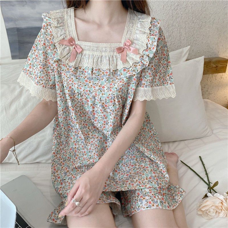 Bộ Đồ Ngủ Tay Ngắn Phối Ren Mỏng Thời Trang Mùa Hè Dễ Thương Cho Nữ