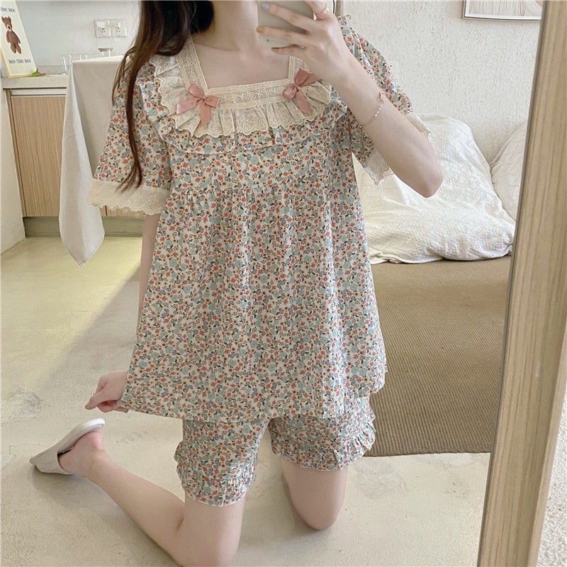 Bộ Đồ Ngủ Tay Ngắn Phối Ren Mỏng Thời Trang Mùa Hè Dễ Thương Cho Nữ