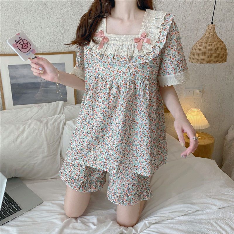 Bộ Đồ Ngủ Tay Ngắn Phối Ren Mỏng Thời Trang Mùa Hè Dễ Thương Cho Nữ