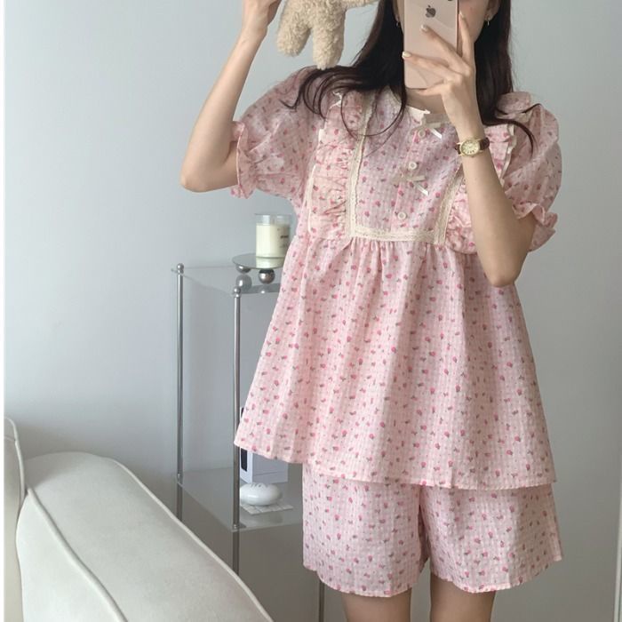 Bộ Đồ Ngủ Áo Tay Ngắn Phối Quần Short In Hoa Đính Nơ Thời Trang Mùa Hè Cho Nữ