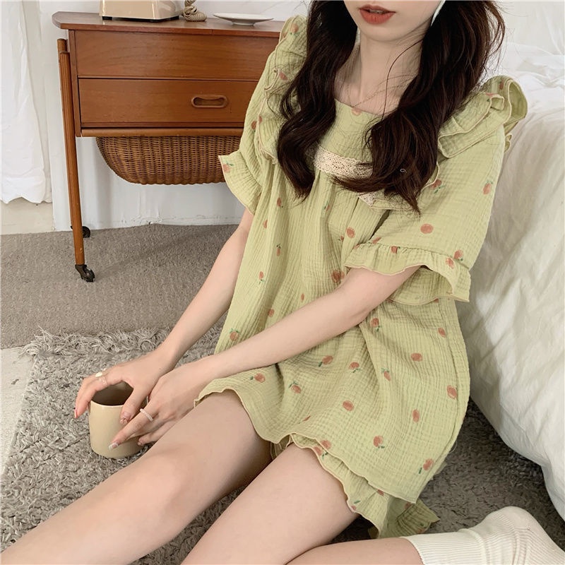 Bộ Đồ Ngủ Hai Mảnh Áo Tay Ngắn Phối Quần Short Phong Cách Nhật Bản Dễ Thương Thời Trang Mùa Hè Cho Nữ