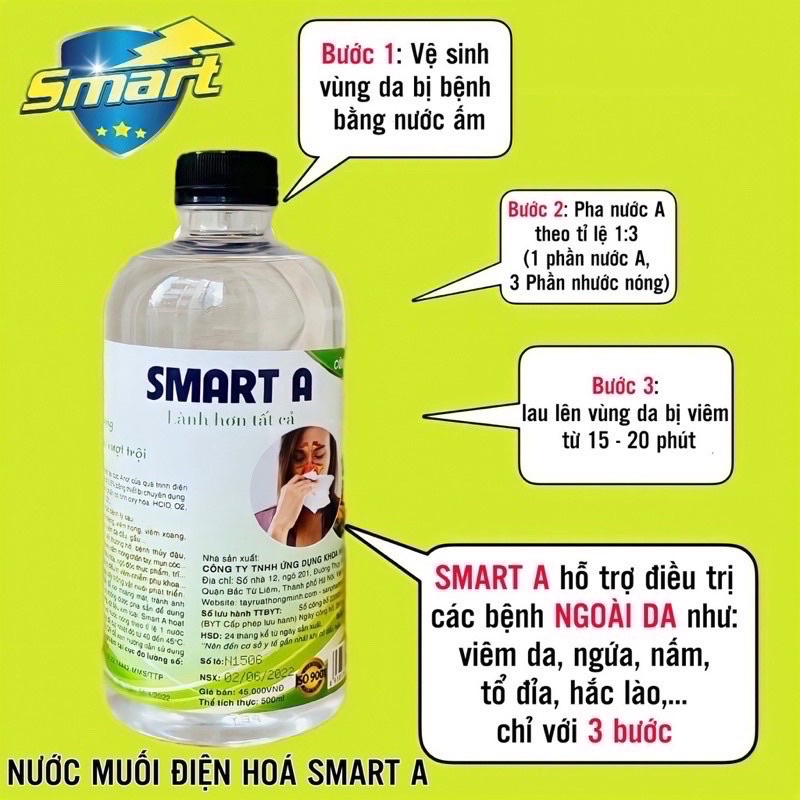 Dung dịch sát khuẩn Smart A 500ml - Nước anolyte khử khuẩn da, vệ sinh mũi họng - lọ 500ml