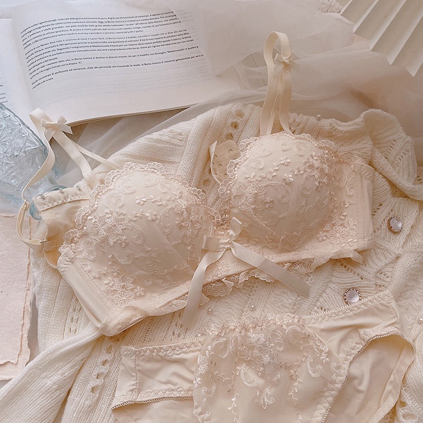 Bộ Đồ Lót Ren Không Gọng Thép Thêu Họa Tiết Xinh Xắn Theo Phong Cách Nhật Bản Dành Cho Nữ