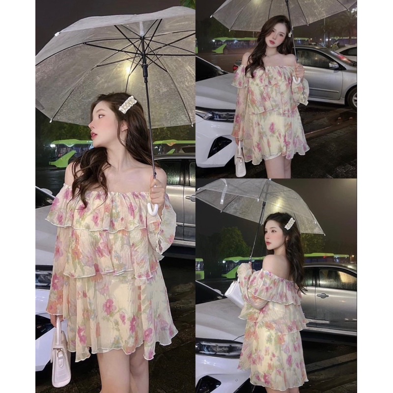 ( Loại 1 2 Lớp ) Đầm Váy Hoa Voan Bèo Tơ 3 Tầng Trễ Vai Layer Dáng Xoè Tay Dài Hàn Quốc Tiểu Thư Bánh Bèo