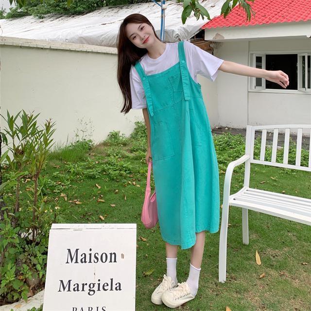Đầm Lửng Hai Dây Dáng Rộng Màu Kẹo Ngọt Thời Trang Thường Ngày