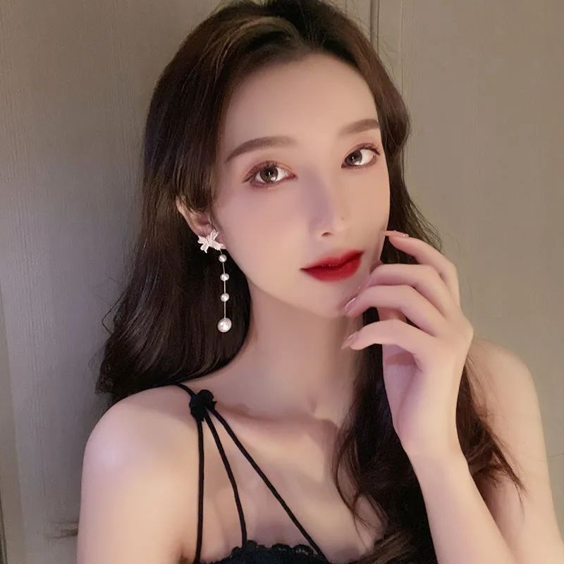 Bông Tai Dáng Dài Đính Nơ Phối Tua Rua Ngọc Trai Phong Cách Pháp Sang Trọng Thời Trang