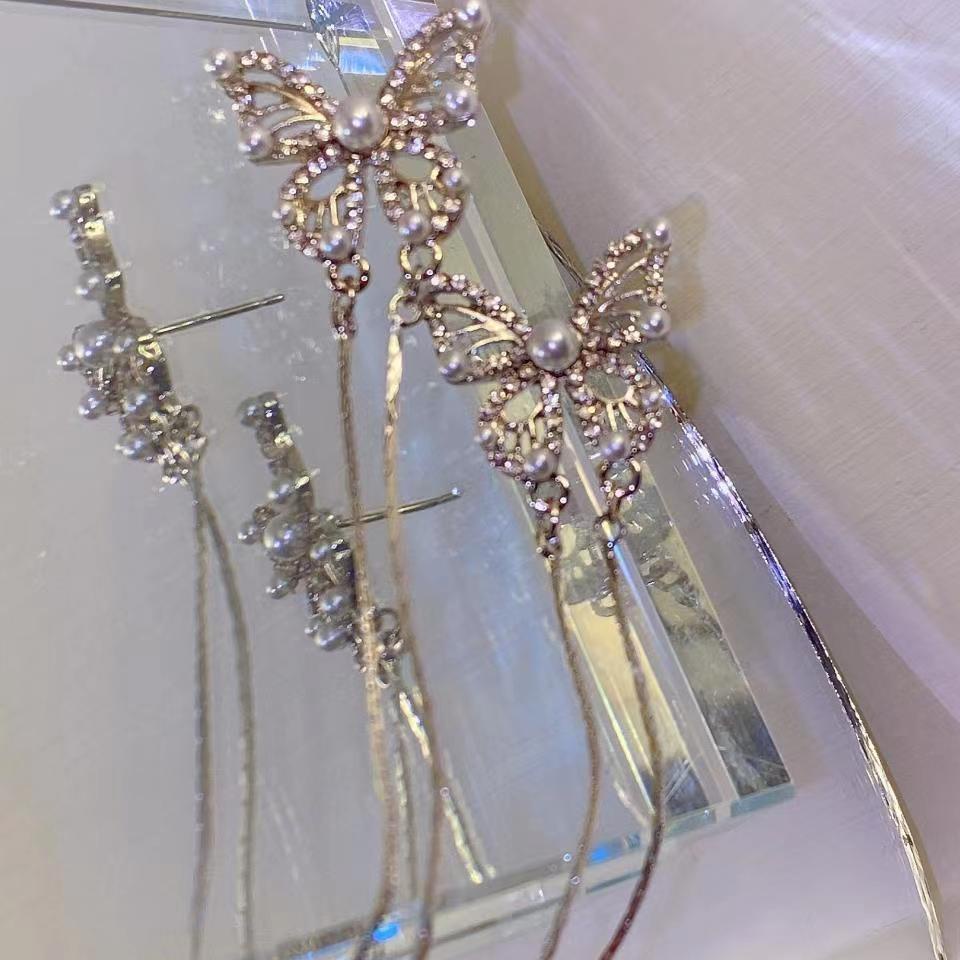 Bông Tai Tua Rua Dáng Dài Hình Bướm Siêu Lấp Lánh Thời Trang Dự Tiệc