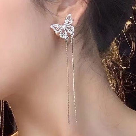 Bông Tai Tua Rua Dáng Dài Hình Bướm Siêu Lấp Lánh Thời Trang Dự Tiệc