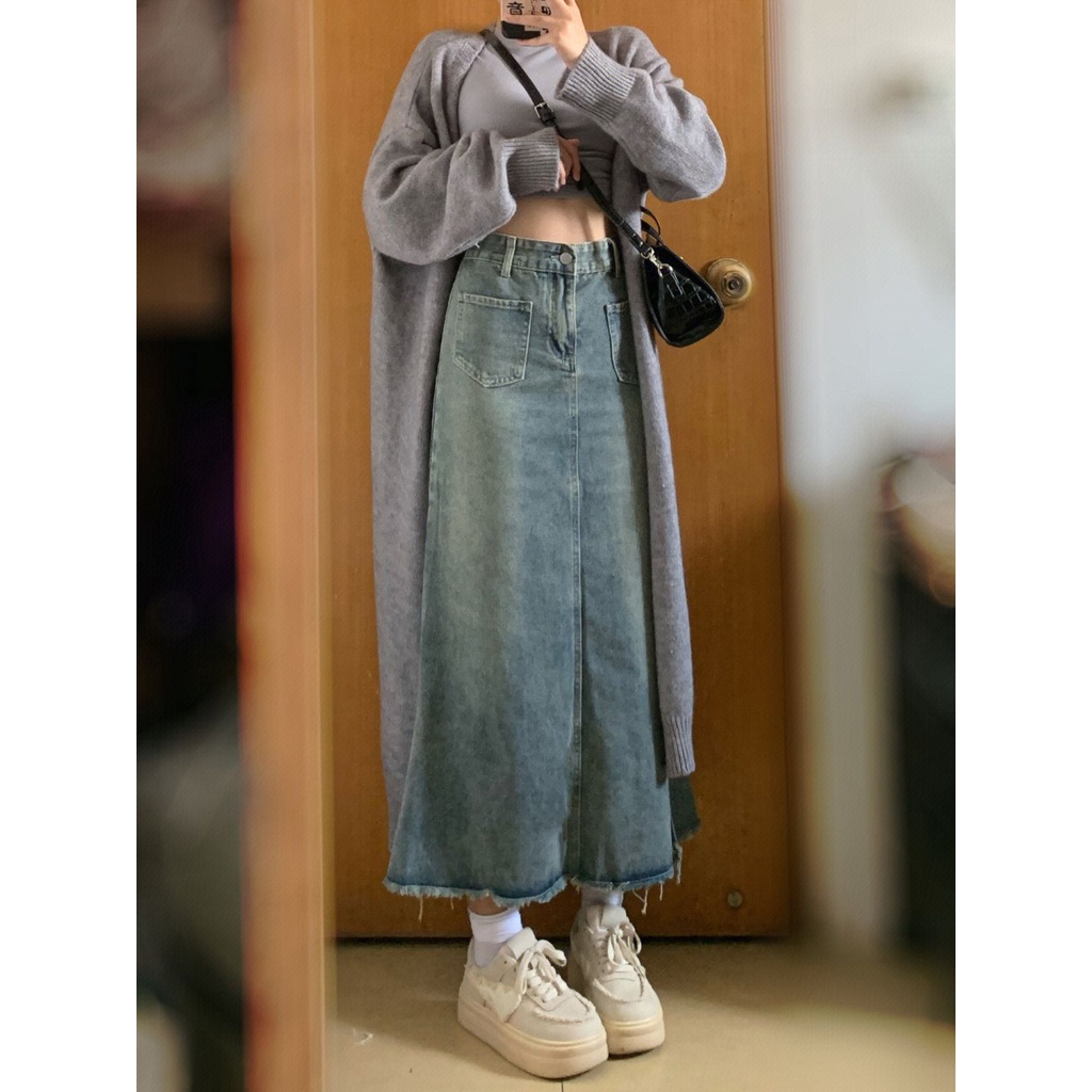 Chân váy jean Chữ a Lưng Cao Phong Cách Retro Thời Trang Xuân Thu Mới Dành Cho Nữ