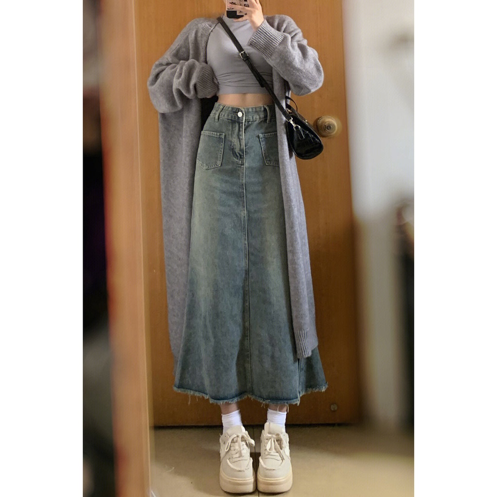 Chân váy jean Chữ a Lưng Cao Phong Cách Retro Thời Trang Xuân Thu Mới Dành Cho Nữ