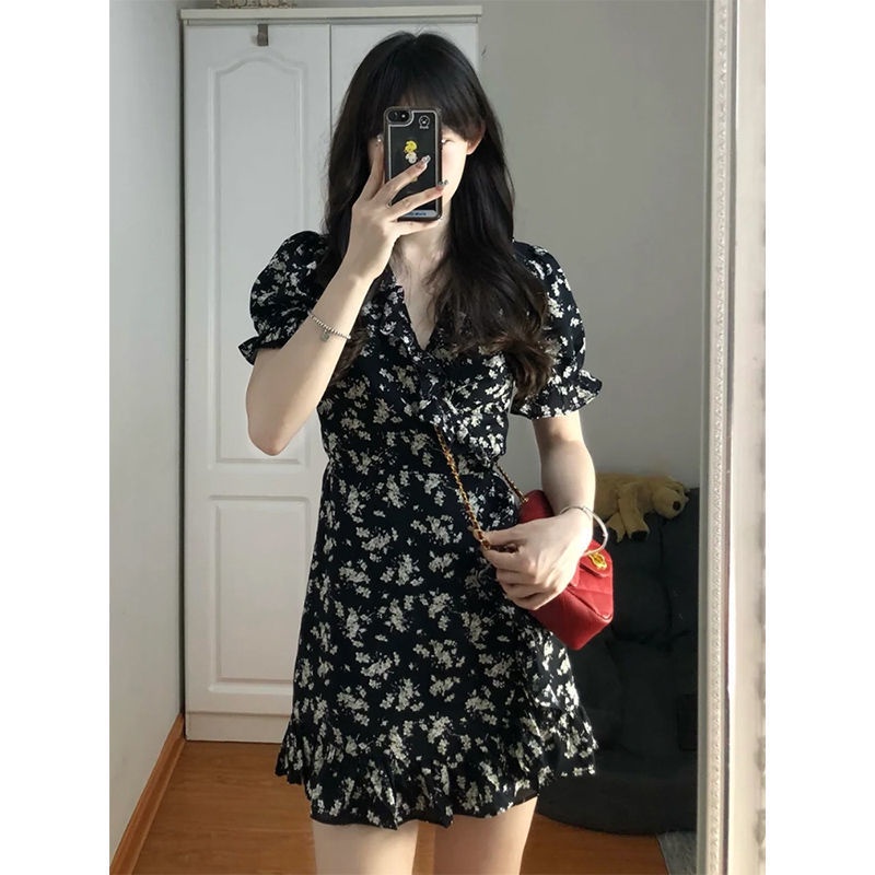 Đầm Hoa Dáng Chữ a Màu Đen Phong Cách Hàn Quốc Thời Trang Mùa Hè Xinh Xắn Cho Nữ