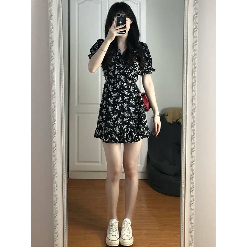 Đầm Hoa Dáng Chữ a Màu Đen Phong Cách Hàn Quốc Thời Trang Mùa Hè Xinh Xắn Cho Nữ