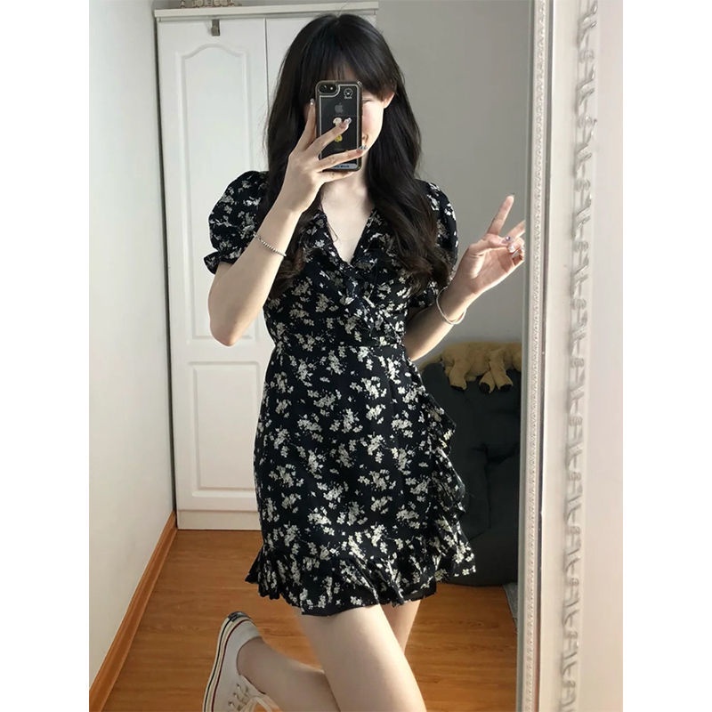 Đầm Hoa Dáng Chữ a Màu Đen Phong Cách Hàn Quốc Thời Trang Mùa Hè Xinh Xắn Cho Nữ